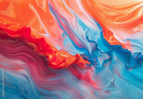 Abstract fluid art with a mesmerizing mix of orange  blue  and red swirls creating a dynamic and vivid design