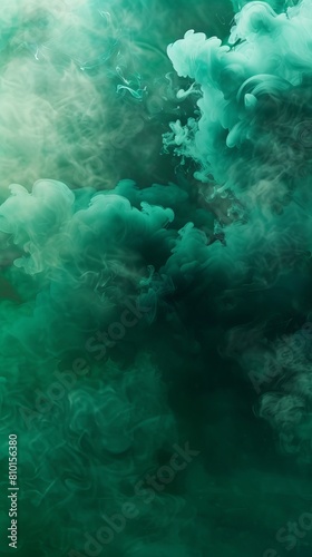 Abstract image capturing the dynamic flow of emerald green ink swirling in water creating a dreamlike smoky effect
