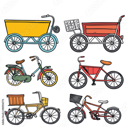 Set colorful bicycle tricycle illustrations isolated white background. Different types bikes, cargo tricycles, childrens bicycles. Graphic style, various colors, two wheels, three wheels