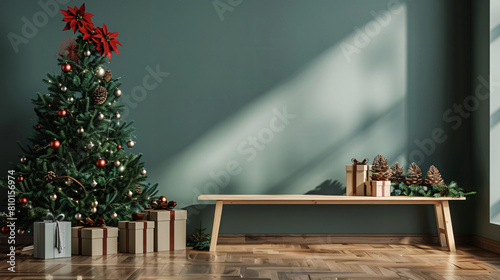 Grey bench and gift boxes under Christmas tree near gr