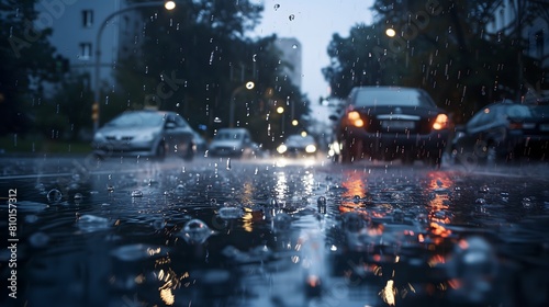 Rainy Evening Traffic on a City Street With Reflective Asphalt. AI.