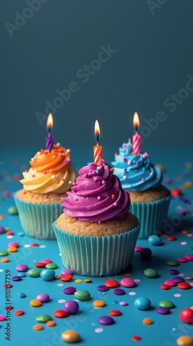 Three Colorful Cupcakes With Lit Candles