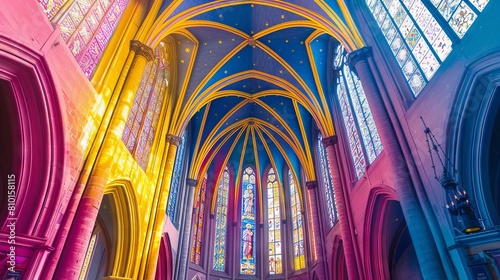 Vibrant color palette inspired by stained glass windows in Christian architecture photo