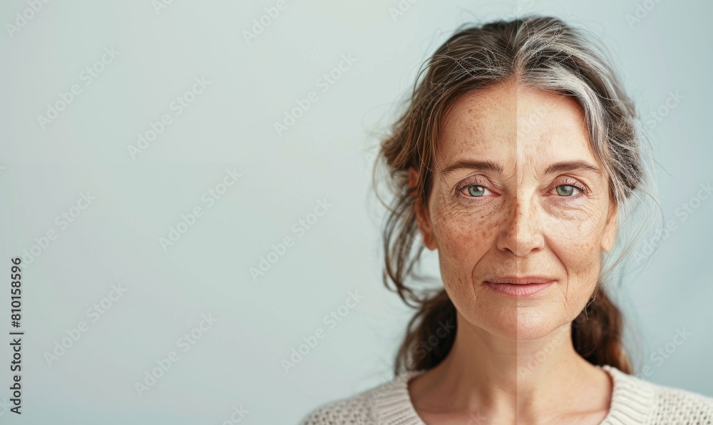 Aging woman half-face portrait: youth and maturity Aging woman half-face portrait: youth and maturity