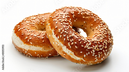 Half of tasty bagel with sesame seeds on white background