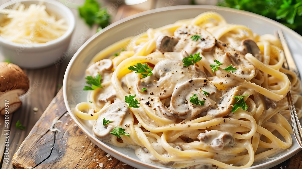 Delicious pasta dish with creamy mushroom sauce and parsley.