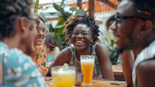 Joyful friends sharing laughs over drinks