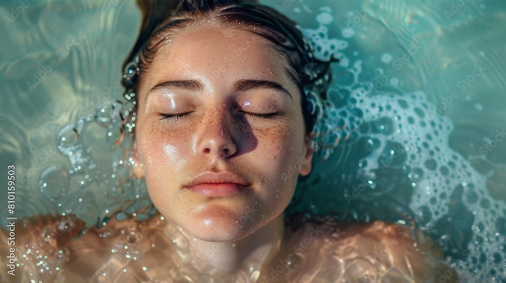 Serene woman relaxing in water with sunlit glow