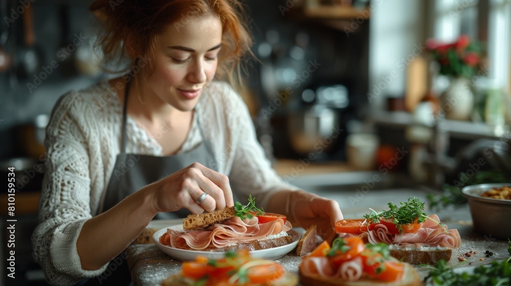 Woman garnishing smoked salmon appetizers in kitchen