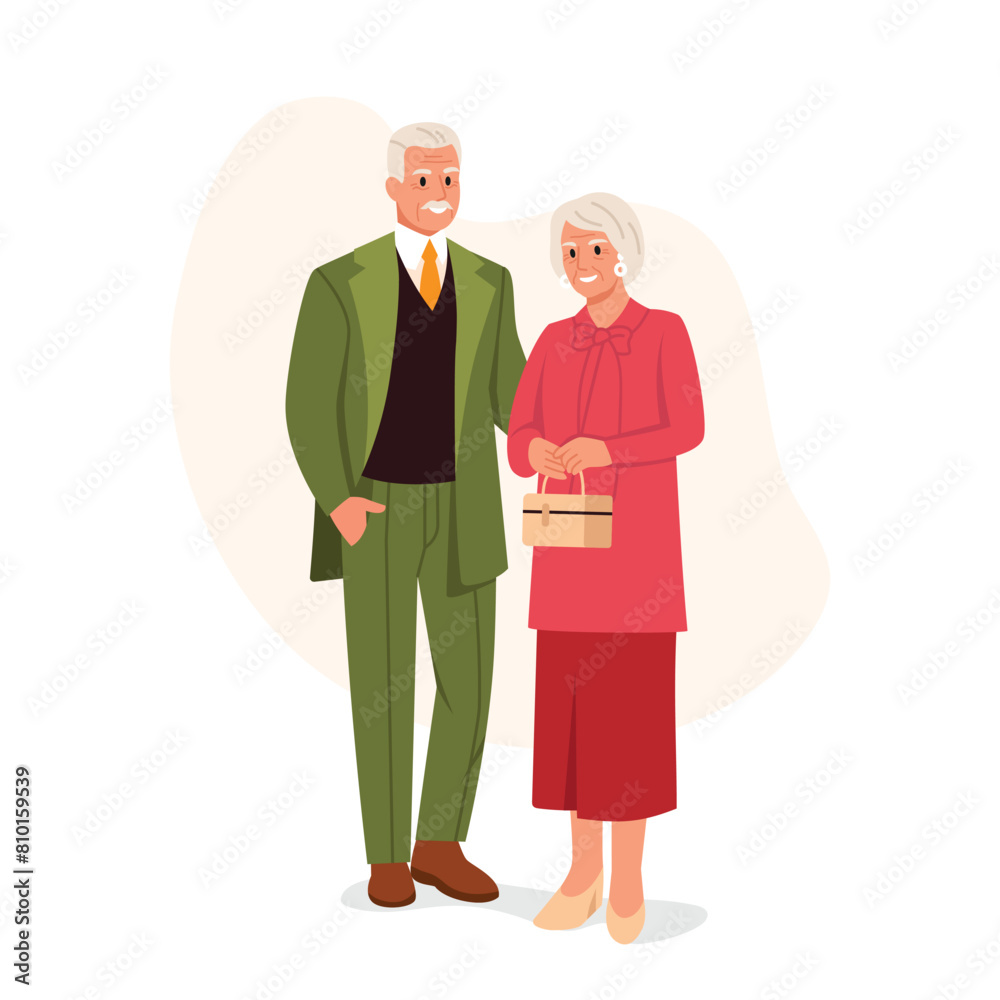 Vector illustration of a beautiful elderly couple. Cartoon scene of smiling gray elderly man and woman in elegant clothes: green suit with tie, vest, skirt, long blouse with bow, bag, earrings. Vector illustration of a beautiful elderly couple. Cartoon scene of smiling gray elderly man and woman in elegant clothes: green suit with tie, vest, skirt, long blouse with bow, bag, earrings.