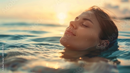 Serene woman enjoying ocean at sunset