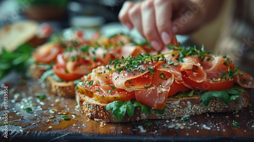 Gourmet open-faced sandwich with smoked salmon and herbs photo
