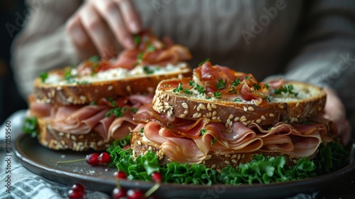 Gourmet open-faced ham sandwiches on rustic plate