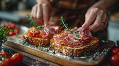 Gourmet toast with prosciutto and herbs