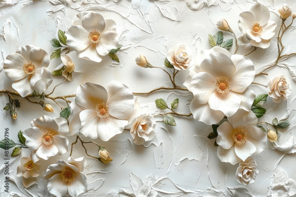 background of a wall with decoration of a relief of white flowers
