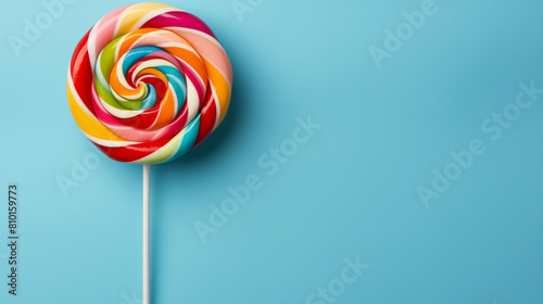 Colorful Spiral Lollipop on a Stick on a Light Blue Backdrop. Copy Space