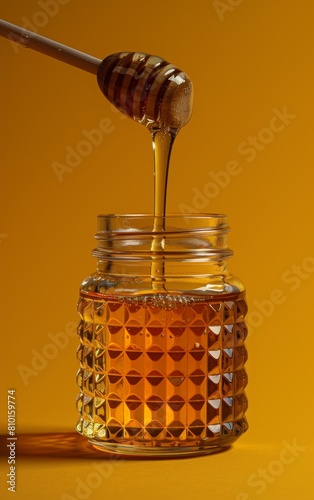 Golden honey pouring into jar on yellow background
