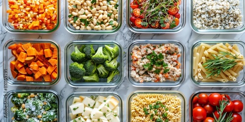 Assorted meal prep containers with healthy ingredients