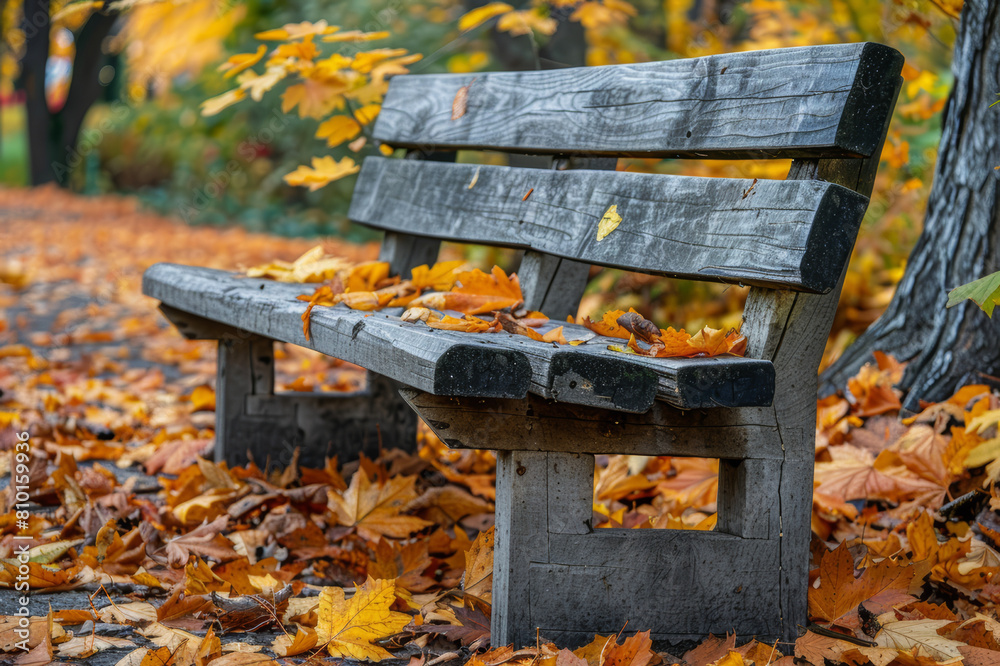 Rustic wooden park bench surrounded by vibrant autumn leaves in a peaceful park. AI generated. Rustic wooden park bench surrounded by vibrant autumn leaves in a peaceful park. AI generated.