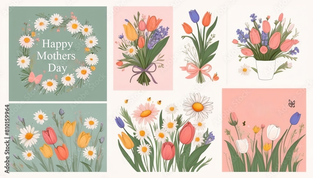 Spring set of the cutest cards or posters for the spring holiday with wildflowers, daisies, roses, tulips bouquet. Hand drawn Floral art templates created with generative ai.