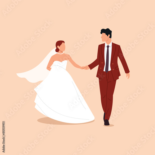 Vector illustration of happy bride. Cartoon scene of bride and groom in love holding hands isolated on beige background. Bride in a white wedding dress  veil  pearl necklace  earrings.Groom in a suit.