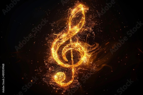 A bright, glowing treble clef symbol shines amidst a dark, cosmic backdrop, suggesting a musical universe photo