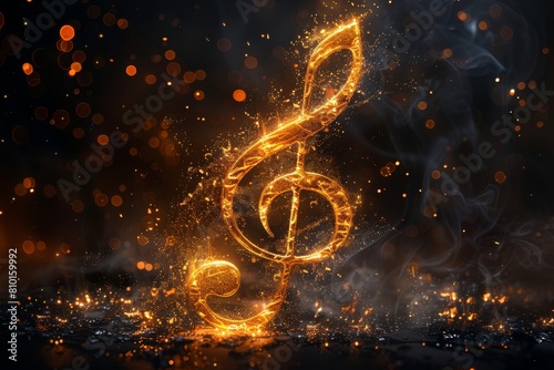 The image captures a music note ablaze with golden light and smoke against a dark backdrop photo