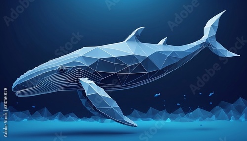 , Abstract blue whale underwater in polygons on a technology blue background. Low poly wireframe marine life concept. Polygonal futuristic vector illustration with 3D effect created with generative ai