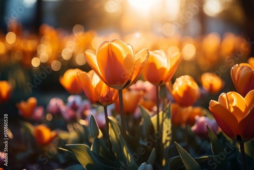 Vibrant orange tulips in a field #810160538