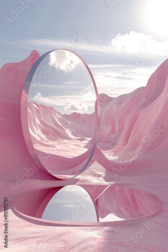 Surreal pink landscape with reflective circle