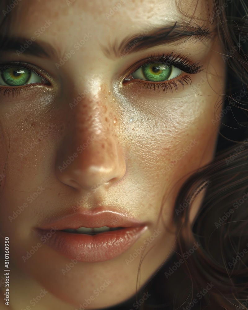 Close-up of a woman with striking green eyes