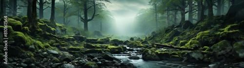 Enchanted moss-covered forest stream landscape