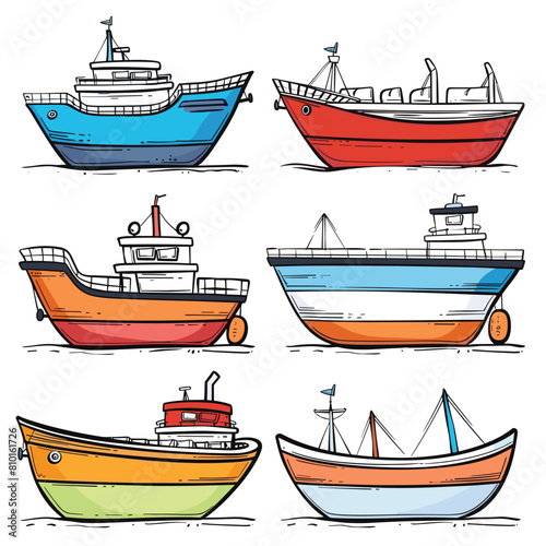 Colorful vector illustration six different styles boats. Cartoon boats drawn bright primary colors. Maritime themed illustration variety vessels including sailboat