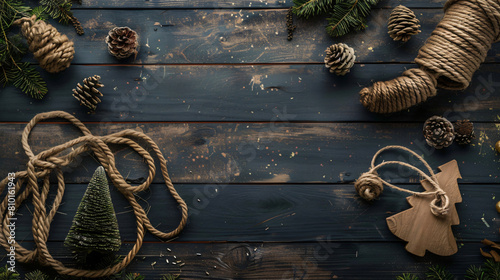 Handmade Christmas toys and rope on dark wooden background photo