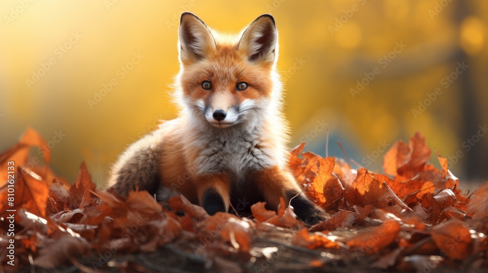 Obraz premium Curious fox in autumn leaves