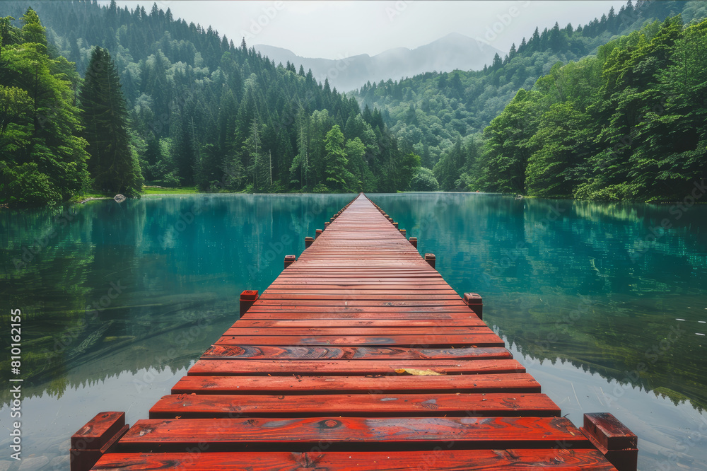 Long wooden bridge stretching across a serene mountain lake surrounded by pine trees. AI generated.