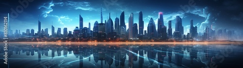 futuristic city skyline at night with dramatic lighting and reflections