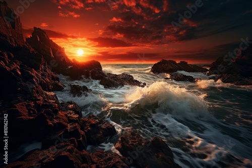 Dramatic sunset over crashing waves and rocky coastline