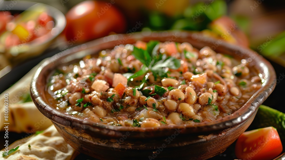 Foul Medames, a popular Middle Eastern dish, is a dip made with fava beans. It is a traditional Egyptian food. Foul Medames, a popular Middle Eastern dish, is a dip made with fava beans. It is a traditional Egyptian food.