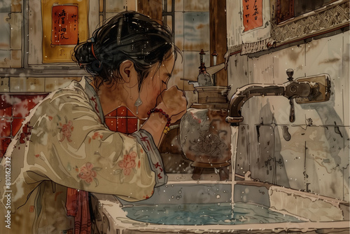 Japanese woman, dressed in a white kimono with pink flowers, drinking water with her hands. asian girl