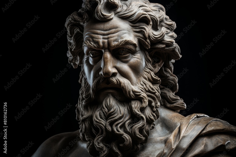 Dramatic stone sculpture of an intense, bearded figure Dramatic stone sculpture of an intense, bearded figure