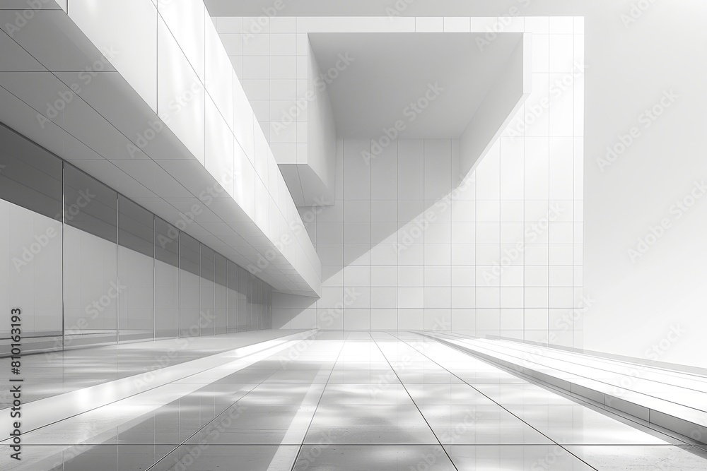 Stark white architectural lines and angles creating a high-key minimalistic abstract concept with bold shadows