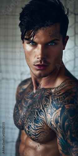 Intense Gaze of a Tattooed Young Man Standing Shirtless Against a Mosaic Background. AI.