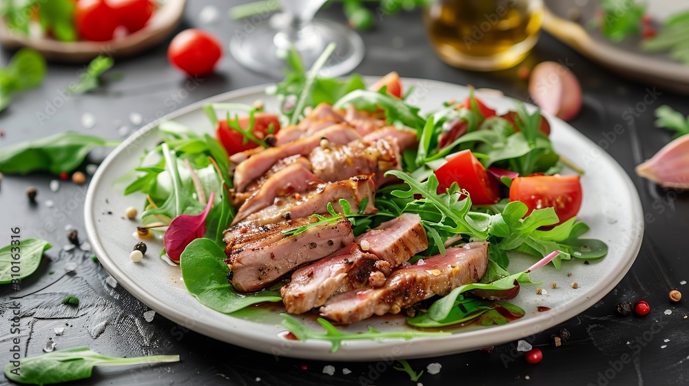 Grilled meat and fresh salad on a white plate.