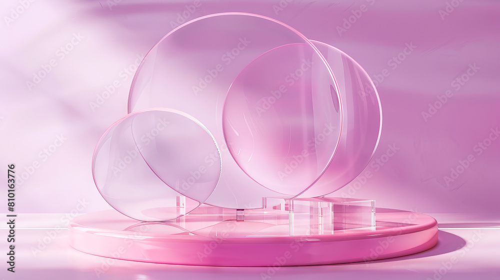 A pink glass display with two clear glasses. A pink glass display with two clear glasses.