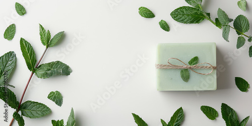 Artisan made natural handmade mint leaves soap piece on a white background with peppermint leaf composition in minimal trendy style, copy space. 