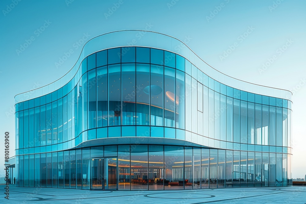 A stunning photo of a modern building with a curved glass facade and clear reflections at dusk A stunning photo of a modern building with a curved glass facade and clear reflections at dusk