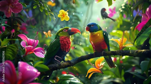 Colorful Birds and Flowers in a Rainforest