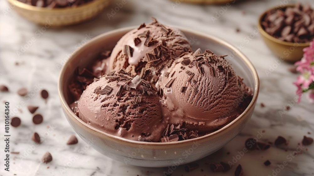 gourmet dessert choices, decadent chocolate ice cream scoop with shavings in a bowl on marble countertop, a luxurious dessert choice gourmet dessert choices, decadent chocolate ice cream scoop with shavings in a bowl on marble countertop, a luxurious dessert choice