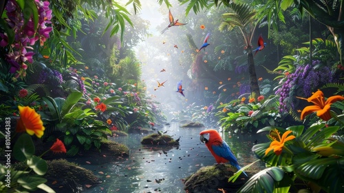 Colorful Birds Amidst Lush Rainforest Blooms © Rianah